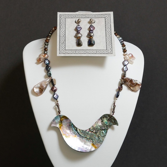 NEW - S12 - Handmade Abalone and pearl necklace and earring set - one of a kind